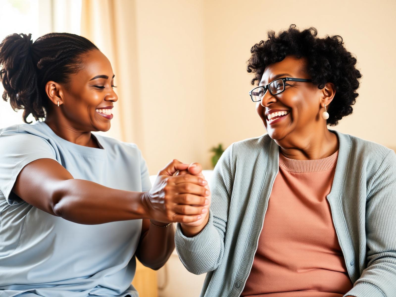 Compassionate caregiver holding hands with a smiling elderly woman in a sunlit living room